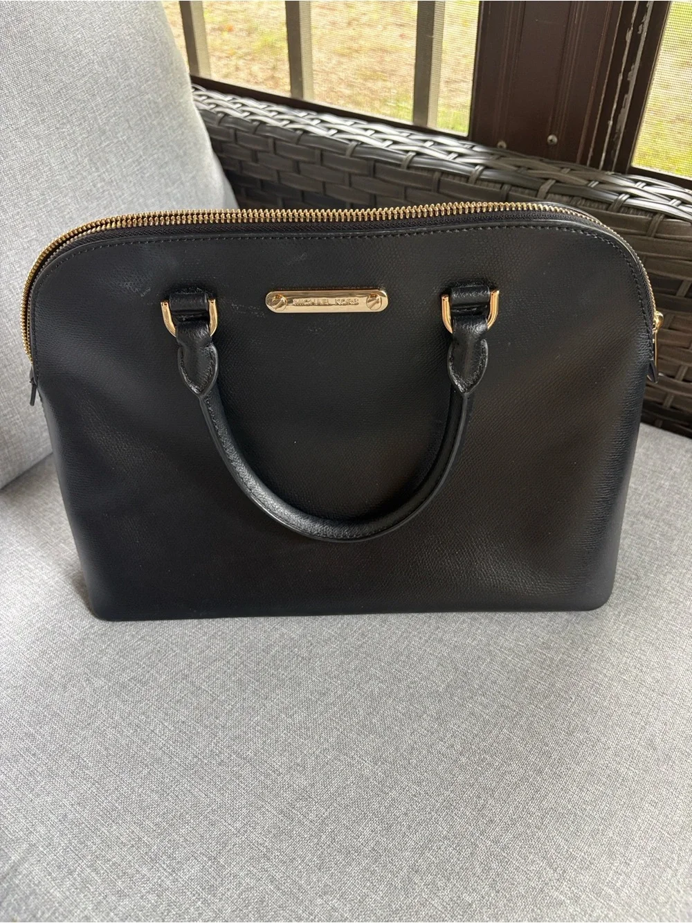 Michael Kors Black Leather Dome Satchel with Gold Hardware